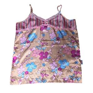 WIDE AWAKE Fashion Sleepwear Cami Floral Print Pink Blue Tan Lace Trim‎ Bow Rare